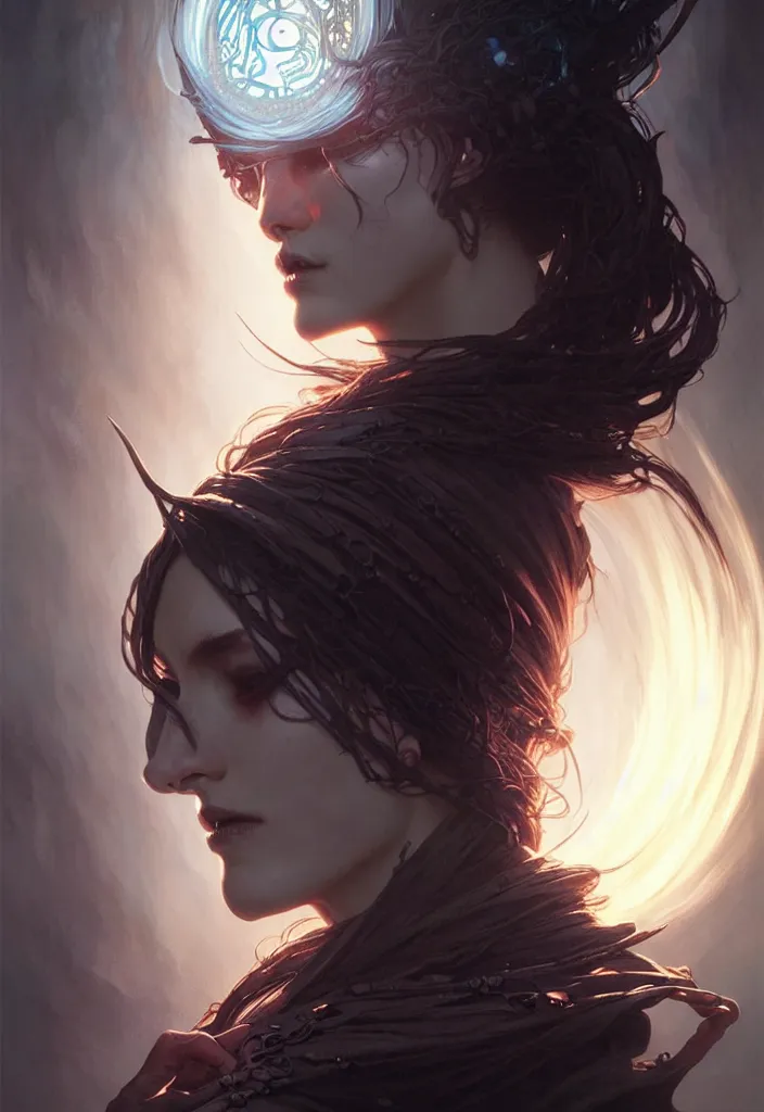 Image similar to Necromancer Sorceress face in center, fantasy magic, undercut hairstyle, dark light night, intricate, elegant, sharp focus, illustration, highly detailed, digital painting, concept art, matte, art by WLOP and Artgerm and Greg Rutkowski and Alphonse Mucha, masterpiece