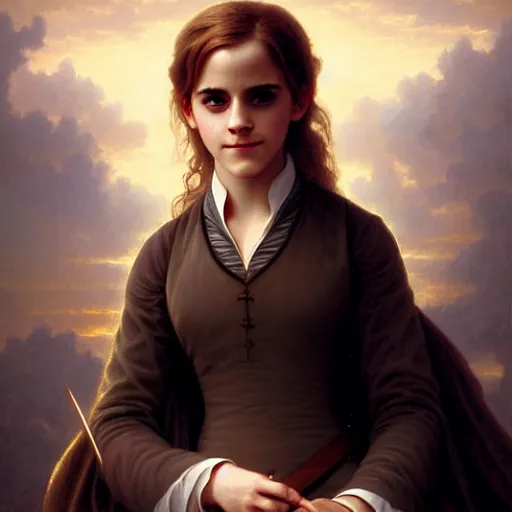 Image similar to Emma Watson as Hermione Granger. Happy. Cheerful. Smiling. Western. Closeup. Fantasy. Intricate Elegant. Highly detailed. Digital painting. Artstation. Concept art. Matte. Sharp focus. Illustration. 4K. Art by William-Adolphe Bouguereau.