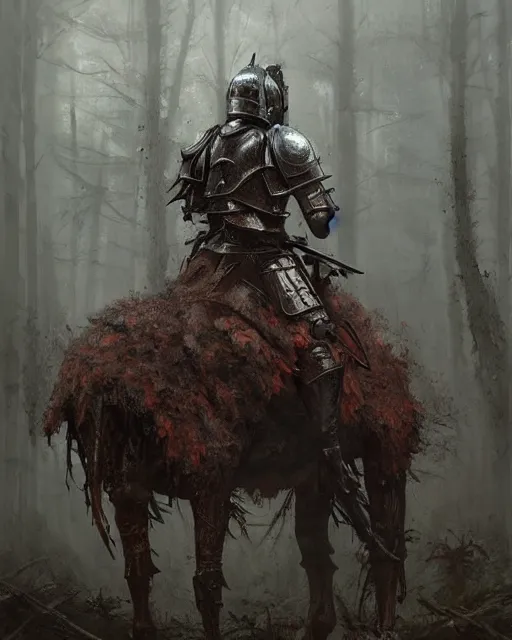 Image similar to Hyper realistic painting of a knight in full plate armor that has completely turned to rust, hyper detailed, surrounded by a dark forest, fog, moody, creepy, cinematic lighting, by greg rutkowski, trending on artstation