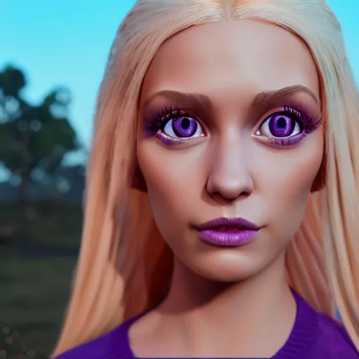 Prompt: Render of a 3d Pixar character, a young woman with platinum blonde hair, roman braids, with vivid purple eyes, golden hour, serene, mid-shot, medium shot, hyperdetailed, trending on Artstation, Unreal Engine 4k