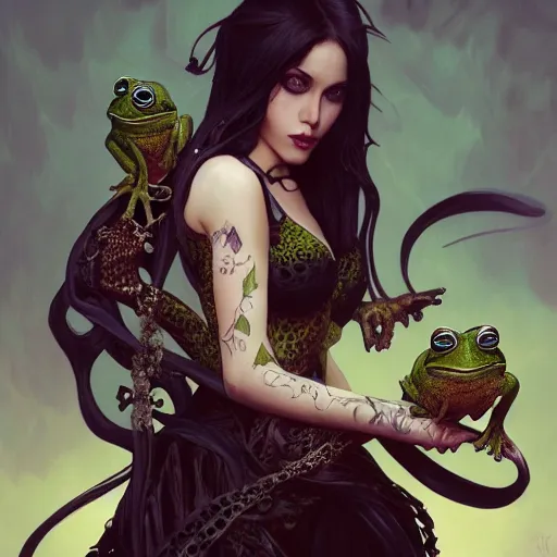 Image similar to attractive goth woman with a frog, intricate, highly detailed, digital painting, artstation, concept art, smooth, sharp focus, illustration, unreal engine 5, 8 k, art by artgerm and greg rutkowski and alphonse mucha