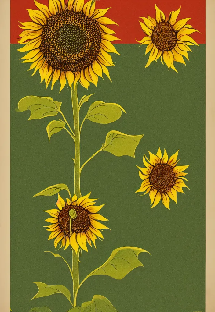 Image similar to A communist Propaganda Poster of a single sunflower in a vast dry field.