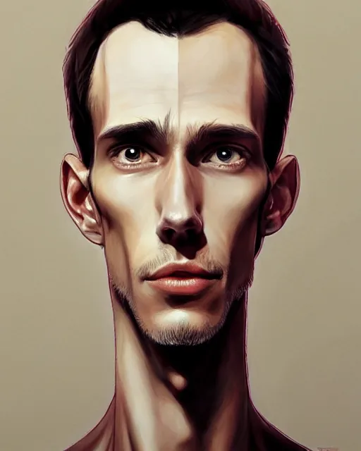 Image similar to semi realistic portrait of a skinny man having tree different eyes with a huge and big Adam's apple by Stanley Artgerm Lau, WLOP, Rossdraws, James Jean, Andrei Riabovitchev, Marc Simonetti, and Sakimichan, trending on artstation