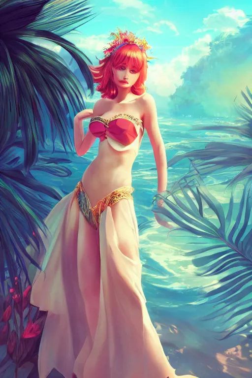 Image similar to a beautiful fashion goddness of love, chic strapless dress, tropical sea background, character design, in the style of artgerm, and wlop, cinematic lighting, hyperdetailed, 8 k realistic, symmetrical, global illumination, radiant light, frostbite 3 engine, cryengine, dof, trending on artstation, digital art