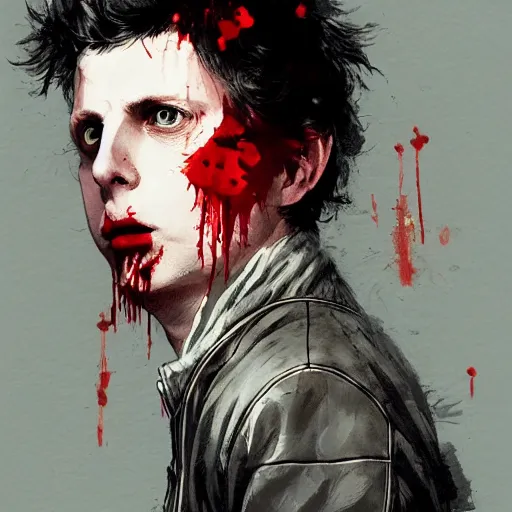 Image similar to portrait of Michael Cera with an angry expression, blood covering his face, wearing a leather jacket, dramatic lighting, illustration by Greg rutkowski, yoji shinkawa, 4k, digital art, concept art, trending on artstation