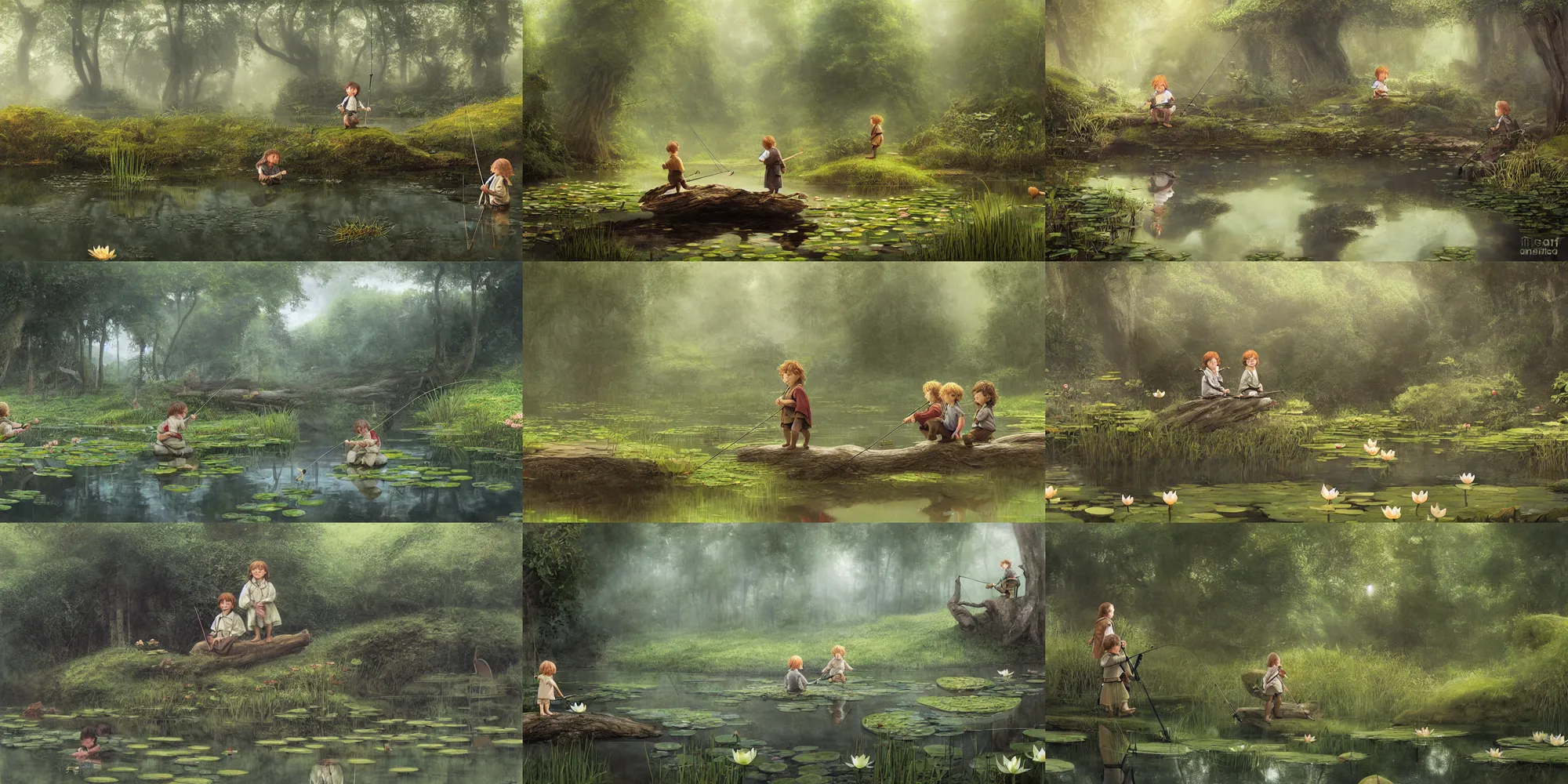 Prompt: two hobbit children with fishing poles sit on a log fishing in a mirror - like pond covered with lotus flowers, by alan lee, dark foggy forest background, sunlight filtering through the trees, digital art, art station.