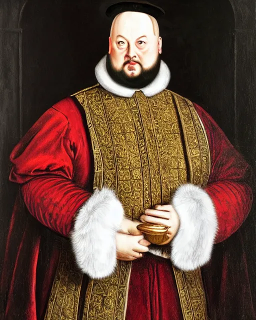 Image similar to fat gray cat with yellow eyes dressed like henry viii, tudor period clothing in red gold and black, greg rutkowski, royal portrait, painting