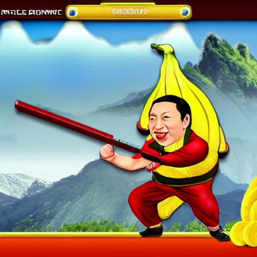 Image similar to Chinese president with bananas weapon, dragon, mountains background, fighting stance