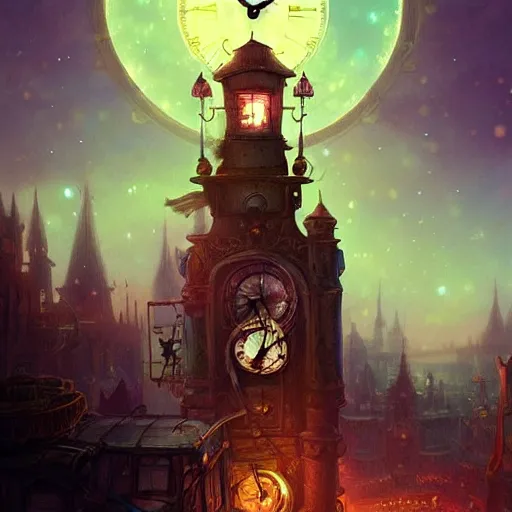 Image similar to a beautiful stunning fantasy whimsical matte digital illustration of a scene of a steampunk! hot - air balloon over a lit steampunk! city at night by marc simonetti, pastel color palette, disney magic the gathering steampunk!!!, chiaroscuro magical! bokeh moon stars dramatic romantic! epic breathtaking, clock tower,, trending on artstation hq, masterpiece