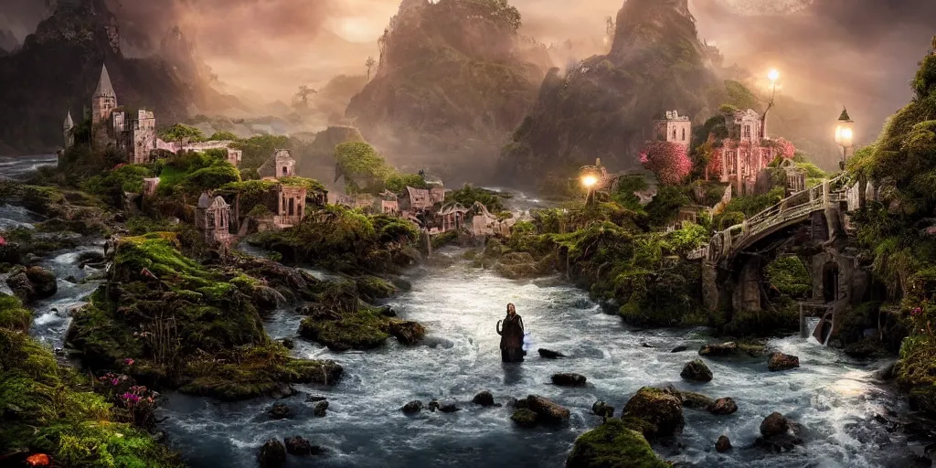 Prompt: beautiful and immersive magical town, magical buildings, bioluminescent forest surrounding, gentle rivers flowing through town, award - winning cinematography - cinematic lighting, dramatic lighting, hdr, 4 k, stunning and beautiful view - unbelievably amazing - highly detailed, hyperrealistic, in the style of lord of the rings and pan's labyrinth