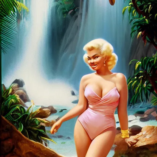 Image similar to a very beautiful oil painting of jayne mansfield under a tropical waterfall, full body, pale pink bikini, cinematic lightning, golden hour, medium shot, mid - shot, cryengine, raytracing, 4 k, cinematic wallpaper by gil elvgren, robert maguire, rudolf belarski, marc simonetti, and sakimichan