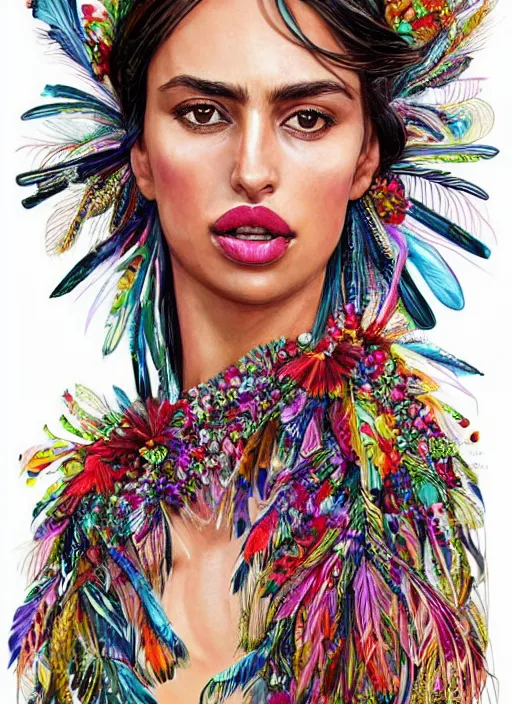 Image similar to beautiful portrait of Irina Shayk wearing fantastic dress,embellished beaded feather decorative fringe knots ,colorful pigtail,subtropical flowers and plants,perfect symmetrica body shape,symmetrical face,intricate,elegant,highly detailed,8k,post-processing,digital painting,harper's bazaar,trending on pinterest,concept art, sharp focus, illustration, by artgerm,Tom Bagshaw,Lawrence Alma-Tadema,greg rutkowski,golden ratio