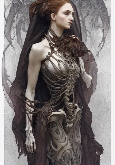 Prompt: skeleton sansa in skeleton deaths, intricate, elegant, highly detailed, digital painting, artstation, concept art, smooth, sharp focus, illustration, art by artgerm and greg rutkowski and alphonse mucha and william - adolphe bouguereau