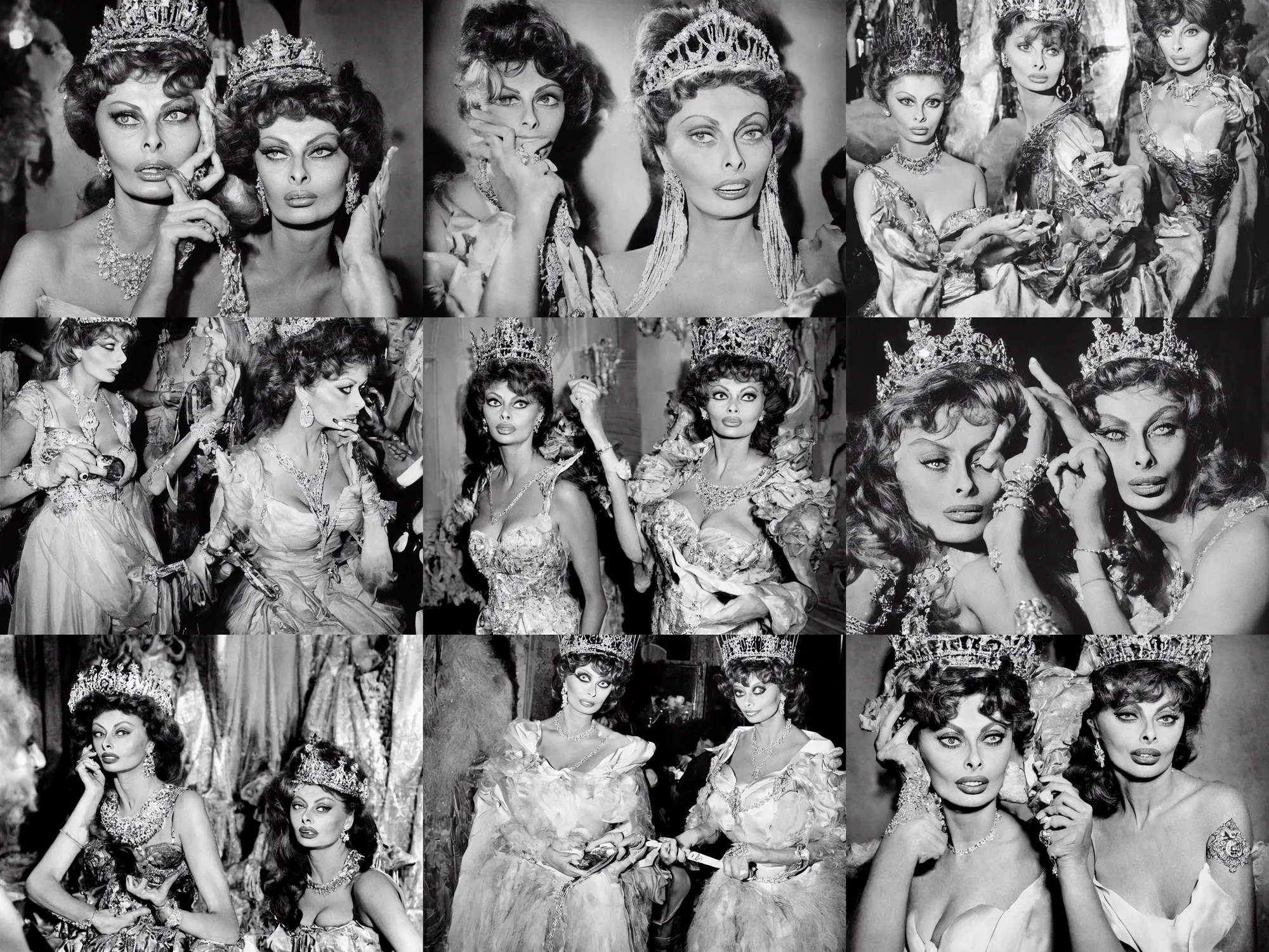 Prompt: sharing a pizza, young sophia loren, movie star, dressed up as queen margherita of savoy, beautiful ornamented tiara, stunning dress, smooth lighting, exquisit detail, masterpiece, timeless, historical behind the scenes photo by letizia battaglia