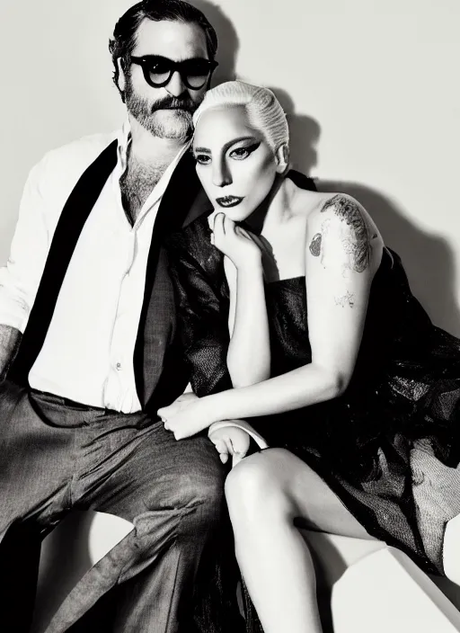 Image similar to lady gaga and joaquin phoenix styled by nick knight posing, full body shot, set pieces, intricate set, vogue magazine, canon, highly realistic. high resolution. highly detailed. dramatic. 8 k. 4 k.