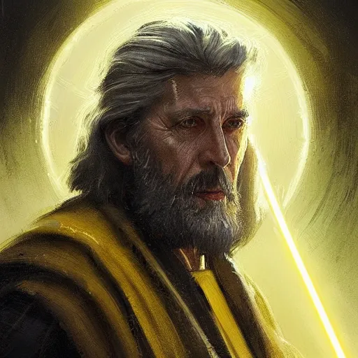 Image similar to portrait of a man by greg rutkowski, old jedi master nat skywalker, long messy hair, beard, wearing a yellow and black tactical gear, star wars expanded universe, highly detailed portrait, he is about 5 0 years old, digital painting, artstation, concept art, smooth, sharp foccus ilustration, artstation hq