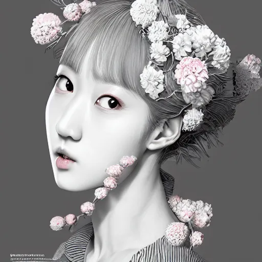 Image similar to the portrait of an absurdly beautiful, graceful, elegant, sophisticated, fashionable young kpop idol made of strawberries and white petals, an ultrafine hyperdetailed illustration by kim jung gi, irakli nadar, intricate linework, bright colors, octopath traveler, final fantasy, unreal engine 5 highly rendered, global illumination, radiant light, detailed and intricate environment