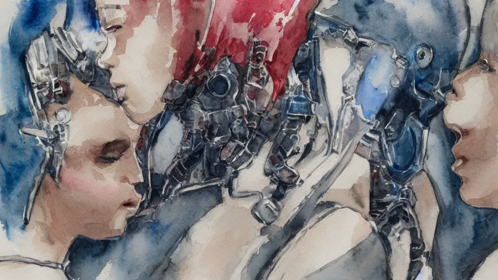 Image similar to watercolor of two cyborgs kissing