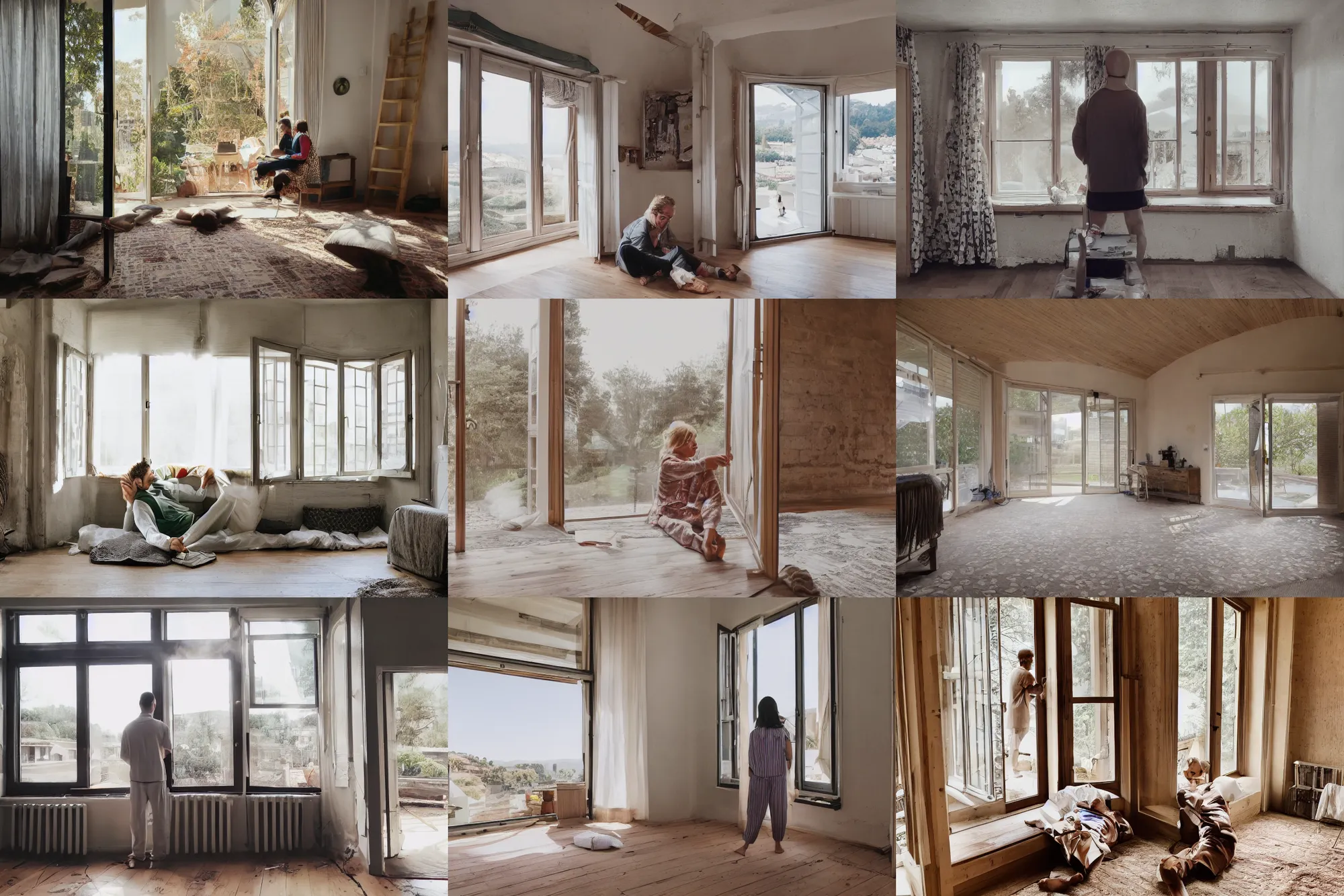 Prompt: person in pyjamas standing near window, turned back to camera, cinematographic, sun rays, daylight, big french door window with windowsill, walls to the left and right, carpet at the floor, furnished room, person at the center, wooden floor, modern, photorealistic, high ceiling