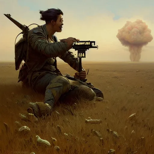 Prompt: standup comedian in brutal battle field, dead laughing bodies on the ground, nuclear cloud in the far horizon, intricate, highly detailed, digital painting, trending on artstation, concept art, smooth, sharp focus, illustration, art by artgerm and greg rutkowski and alphonse mucha