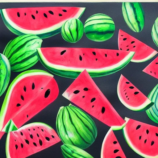 Prompt: Watermelon juice. Watermelon, watermelon seeds, charcoal painting, colourful