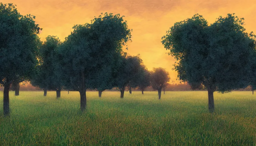 Image similar to cow pasture with fruit trees in sunset, back light, highly detailed, cinematic lighting, volumetric, photorealistic, digital art painting