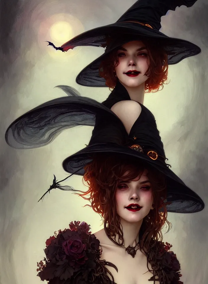 Image similar to halloween witch woman in a hat smiles, fantasy magic, undercut hairstyle, dark light night, intricate, elegant, sharp focus, illustration, highly detailed, digital painting, concept art, matte, art by wlop and artgerm and greg rutkowski and alphonse mucha, masterpiece