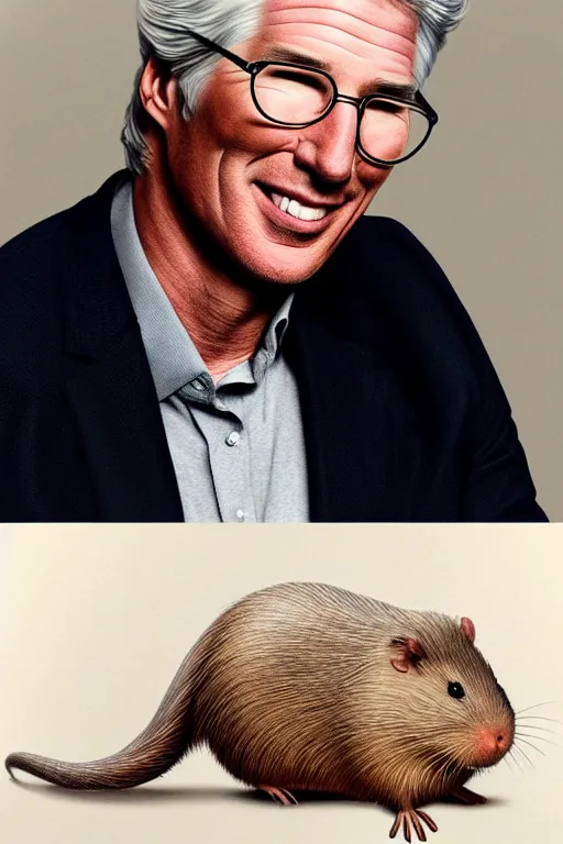 Image similar to richard gere poses next to a huge gerbil, highly detailed realistic portrait, digital concept art, cinematic lighting, photorealistic 8 k by artgerm and yoshitaka amano