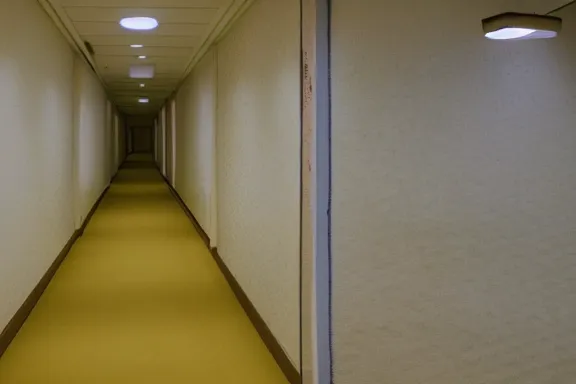 Prompt: an endless space of empty connecting rooms with old yellowed wallpaper from the 1970s and beige carpet lit by fluorescent lights