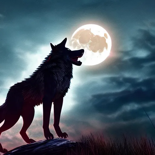 Prompt: werewolf howling to the shiny moon, red sky, 4 k, cinematic composition, dark fantasy, hyper detailed