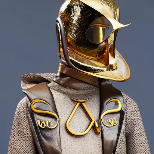 Image similar to portrait of masked dune dynasty with louis vuitton clothes, white background, louis vuitton logo, 8 k, symmetrical, 3 d render, octane render, insane details