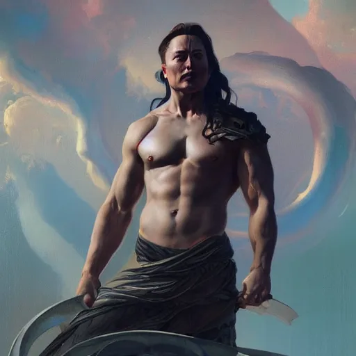 Image similar to elon musk as a Greek god, gorgeous, amazing, muscular, fit, very muscular male body, intricate, highly detailed, digital painting, artstation, concept art, sharp focus, illustration, art by greg rutkowski and alphonse mucha