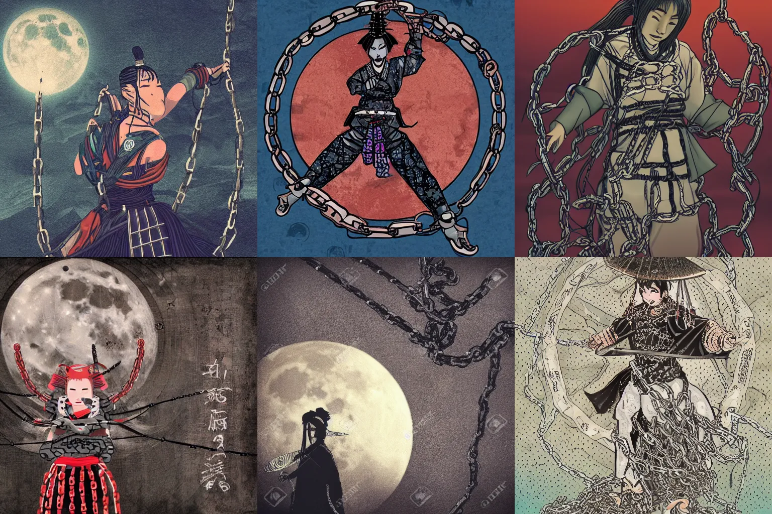 Prompt: samurai woman wrapped in chains , full moon background , horror