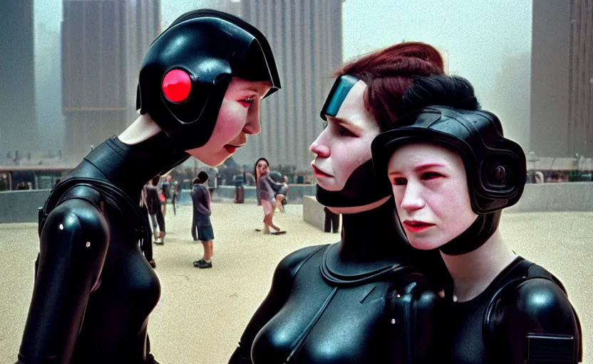 Prompt: cinestill 5 0 d photographic portrait by helen levitt of affection between two loving female cyborgs wearing black techwear in a retrofuturist garden, extreme closeup, modern cyberpunk, dust storm, 8 k, hd, high resolution, 3 5 mm, f / 3 2, ultra realistic faces, intricate detail, ex machina