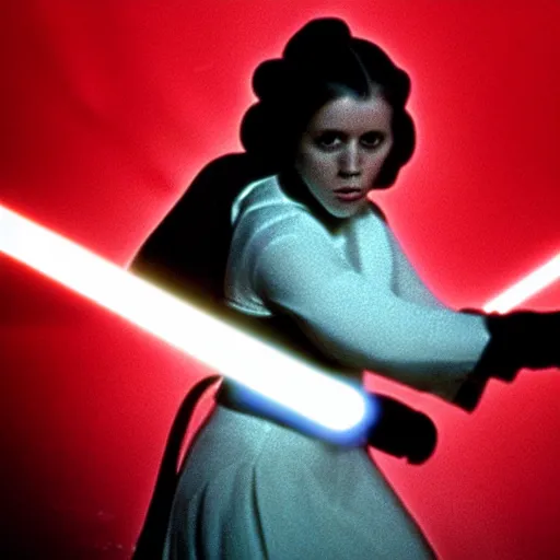 Prompt: film still of princess leia fighting darth vader in a lightsaber battle, star wars, 1 9 7 0, kodak, film, lightsabers, dramatic lighting, epic