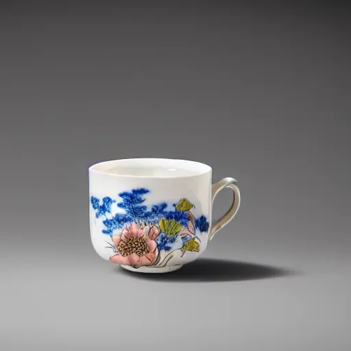 Image similar to astonishing japanese tea cup with amazing artwork on the side, product shoot, studio lighting