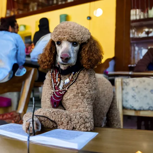 Image similar to a poodle wearing traditional Bedouin garb studying physiology in a cafe in Amman, Jordan