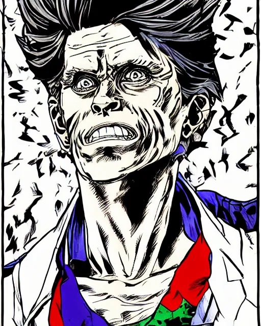 Image similar to Digital color ink drawing of Willem Dafoe from JoJo\'s Bizzare Adventure, highly detailed, sharp focus, screentone shading, 1990 manga panel, trending on ArtStation, manga cover art drawn by Hirohiko Araki