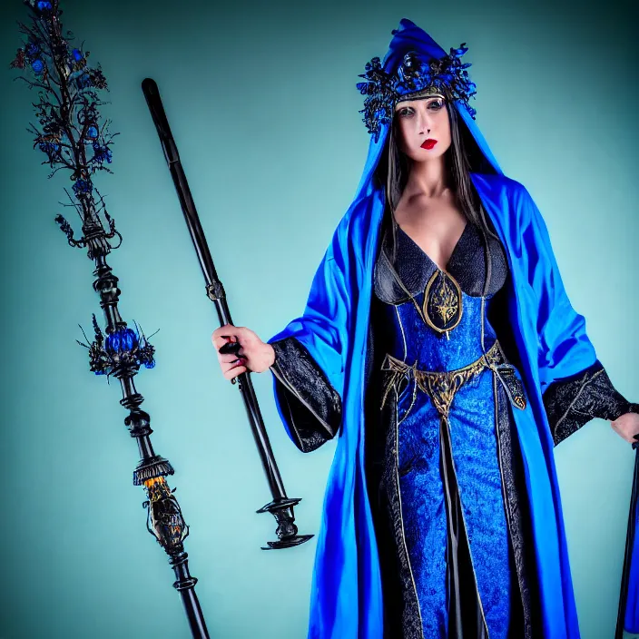 Image similar to photograph of a real-life beautiful electric witch with ornate blue robes and staff. Extremely detailed. 8k