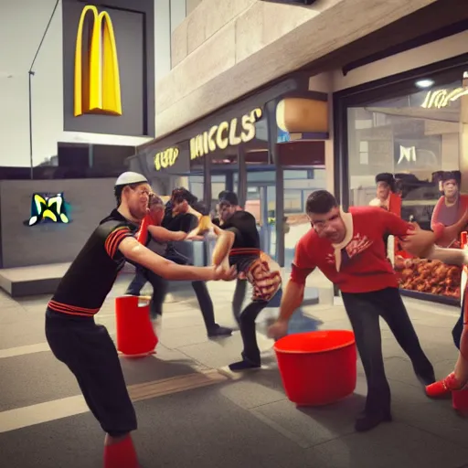 Prompt: macdonalds restaurant staff fighting with kfc restaurant staff, hyper real, 8 k, octane render, vivid, bright, photo realistic, city street, riot