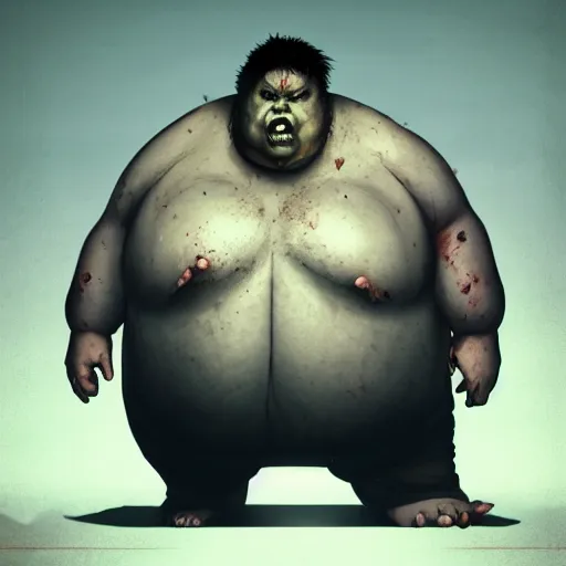 Image similar to angry extremely fat obese giant bloated zombie, full body portrait, with clothese, horror core, apocalyptic, feeling of grimdark, sharp focus, fiction, hyper detailed, digital art, trending in artstation, cinematic lighting, studio quality, smooth render, unreal engine 5 rendered, octane rendered, art style and nixeu and wlop and krenz cushart