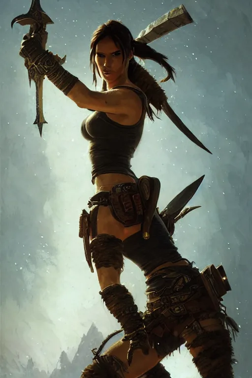 Image similar to lara croft, legendary warrior, heroic fighter, world of warcraft, decorative ornaments, battle armor, by carl spitzweg, ismail inceoglu, vdragan bibin, hans thoma, greg rutkowski, alexandros pyromallis, perfect face, sharply focused, sharply detailed, centered, rule of thirds, realistic shading