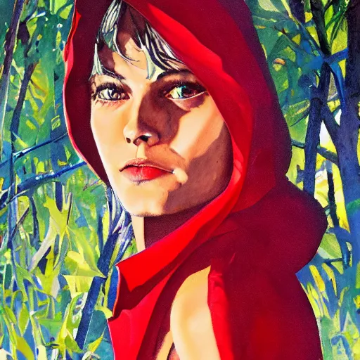 Prompt: photorealistic picture, by bob peak and alex ross and john romita jr, red riding hood lost in miami, gouache and wash paints, fine details, fine intricate, fine facial proportionate, fine body proportionate, fine fix broken line, fine fix duplicate line, smooth focus, sharp details, bokeh, 4 k, fine 5 k details