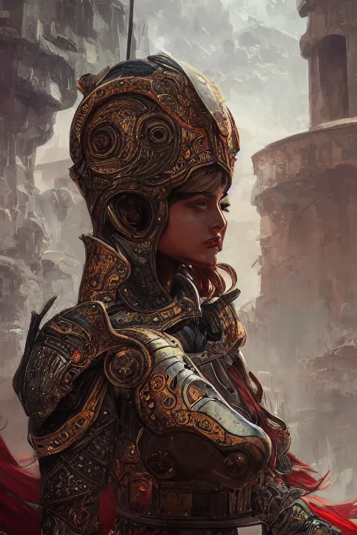 Image similar to portrait knights of Zodiac girl, metallic black and reddish reflected armor, in ruined Agora of Athens, ssci-fi, fantasy, intricate, very very beautiful, elegant, highly detailed, digital painting, artstation, concept art, smooth, sharp focus, illustration, art by tian zi and WLOP and alphonse mucha