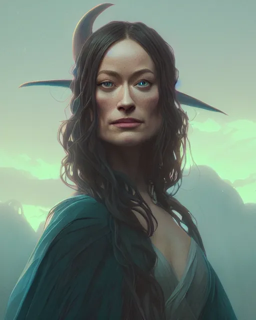 Image similar to highly detailed vfx portrait of olivia wilde as a witch, stephen bliss, unreal engine, greg rutkowski, loish, rhads, beeple, makoto shinkai and lois van baarle, ilya kuvshinov, rossdraws, tom bagshaw, alphonse mucha, global illumination, detailed and intricate environment