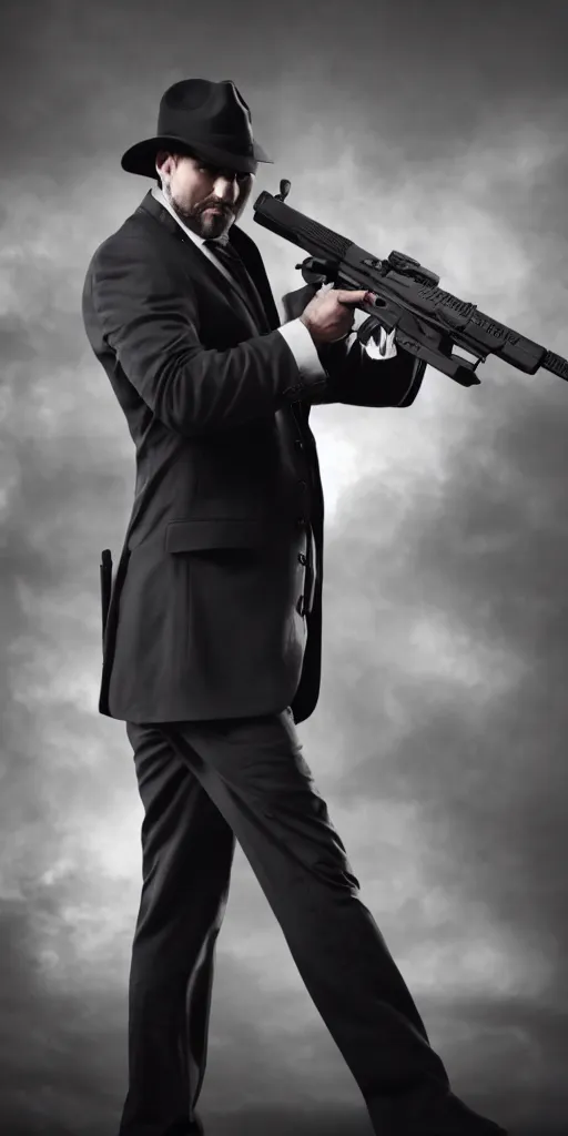 Image similar to serious looking man in a black suit and black fedora hat. he has a big silver gun, 4 k, atmospheric, epic scene, strong shadows, high contrast