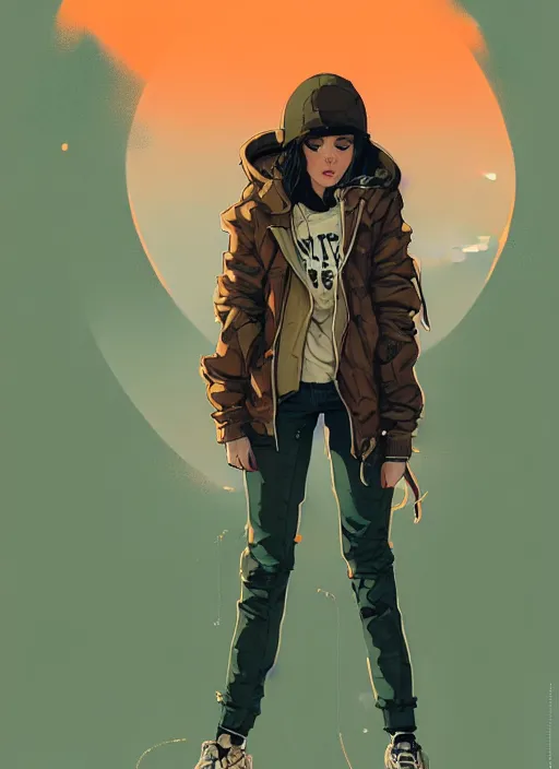 Image similar to highly detailed portrait of a cloudpunk young seattle lady, tartan hoody, by atey ghailan, by greg rutkowski, by greg tocchini, by james gilleard, by joe fenton, by kaethe butcher, gradient green, brown, blonde crea, orange, brown and white color scheme, grunge aesthetic!!! ( ( graffiti tag wall background ) )