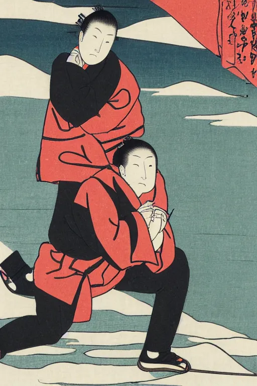 Image similar to Ukiyo-e art of squatting man in black Adidas tracksuit
