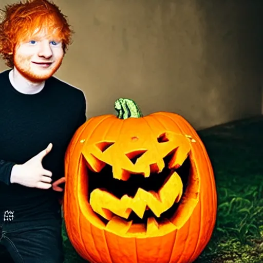 Image similar to photo of ed sheeran stuck inside a pumpkin, yelling for help