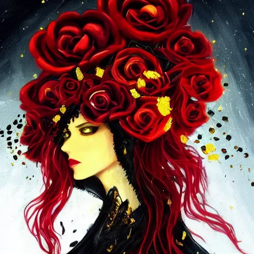 Image similar to red like roses fills my dreams and brings me to the place you rest. | white is cold and always yearning, burdened by a royal test. | black the beast descends from shadows. | yellow beauty burns gold. abstract oil painting. beautiful woman. fantasy. concept art. rwby. highly detailed and colorful.